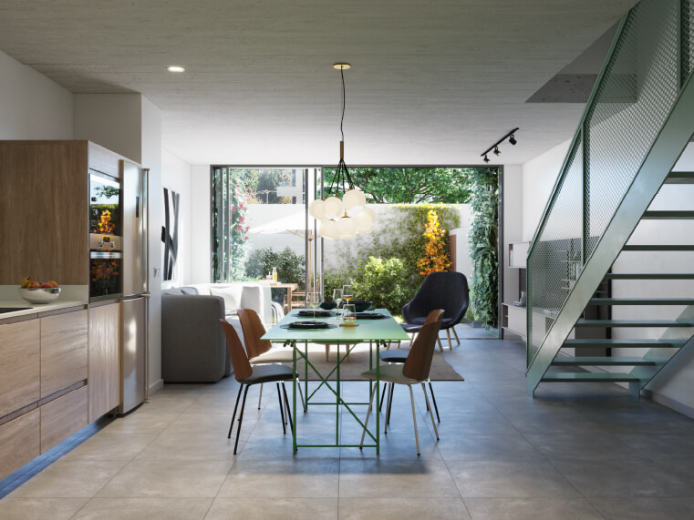 Townhouse 102 en piso 1 : Vista cocina - comedor , living y patio 